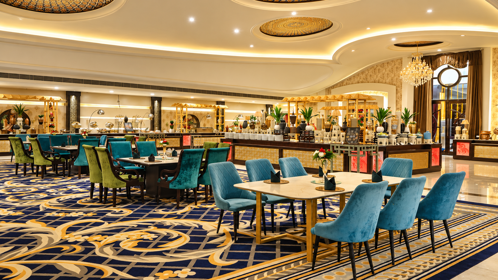 Luxurious buffet dining hall at Konica Resorts